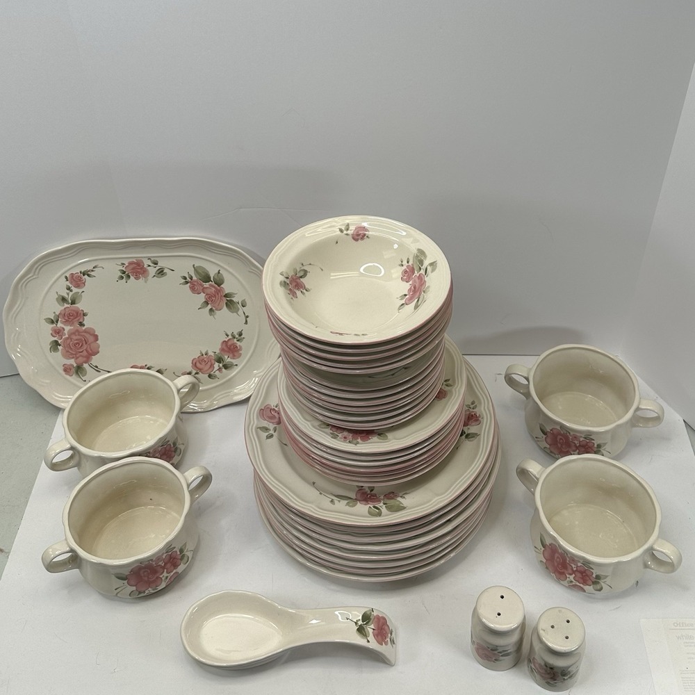 Vintage Gibson Housewares China Pink Roseland 35 Piece Cottage Core Plates Bowls